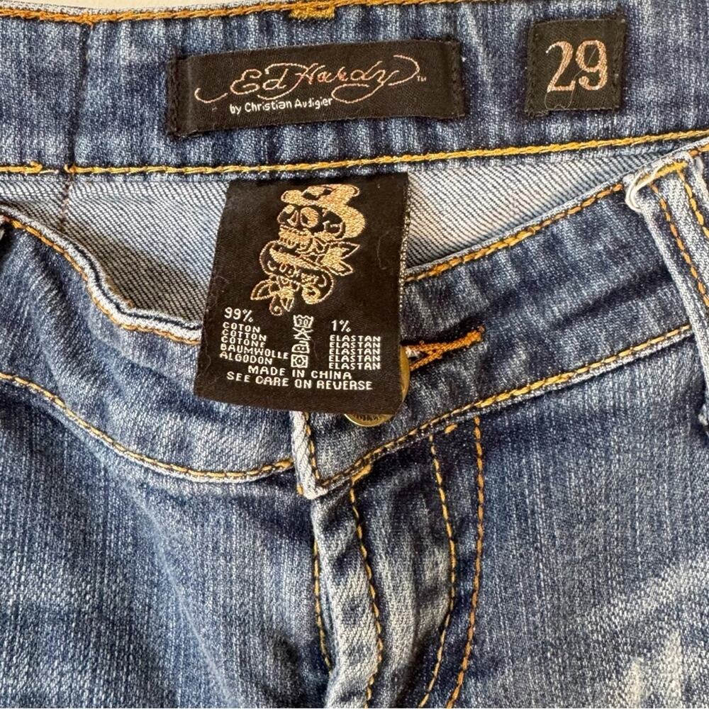 Ed Hardy Blue Denim Jean Shorts with Multicolor Tiger Patch - Picture 8 of 8